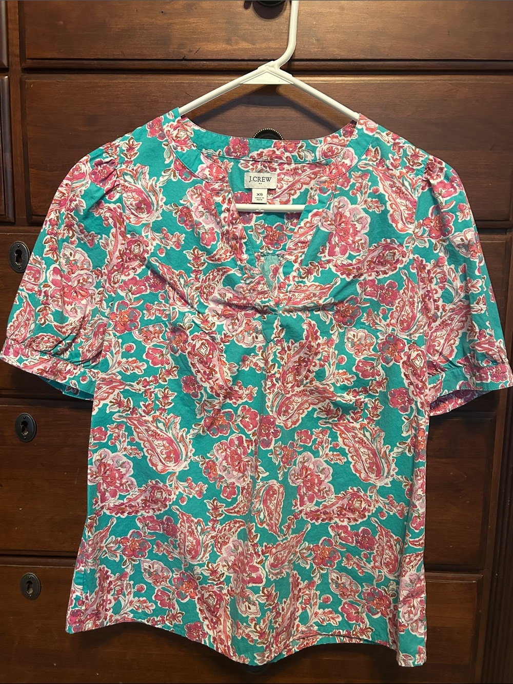 J. Crew Teal and Pink Paisley Short Sleeve Blouse